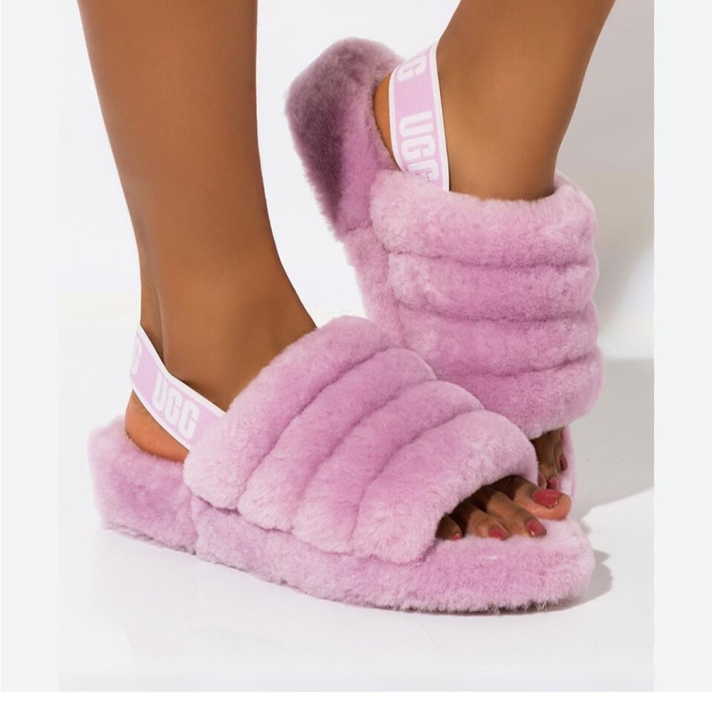 UGG Pink Plush Shearling Slide with Branded Elastic Heel Strap
